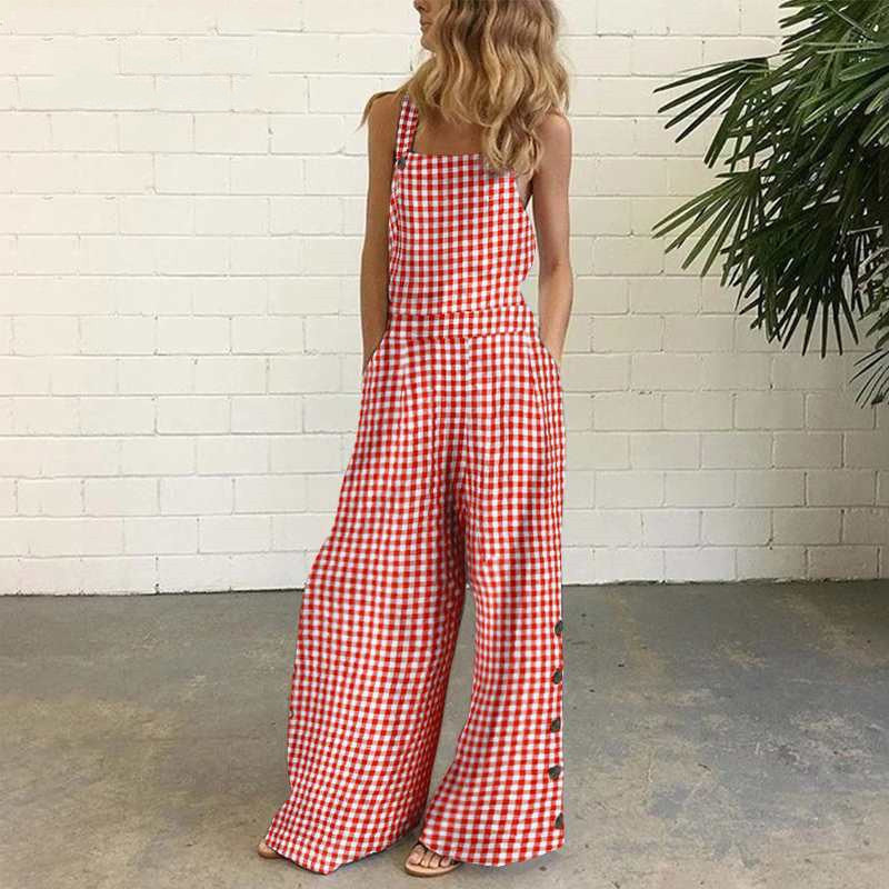 Cotton And Linen Printed Button Trim Suspenders Jumpsuit