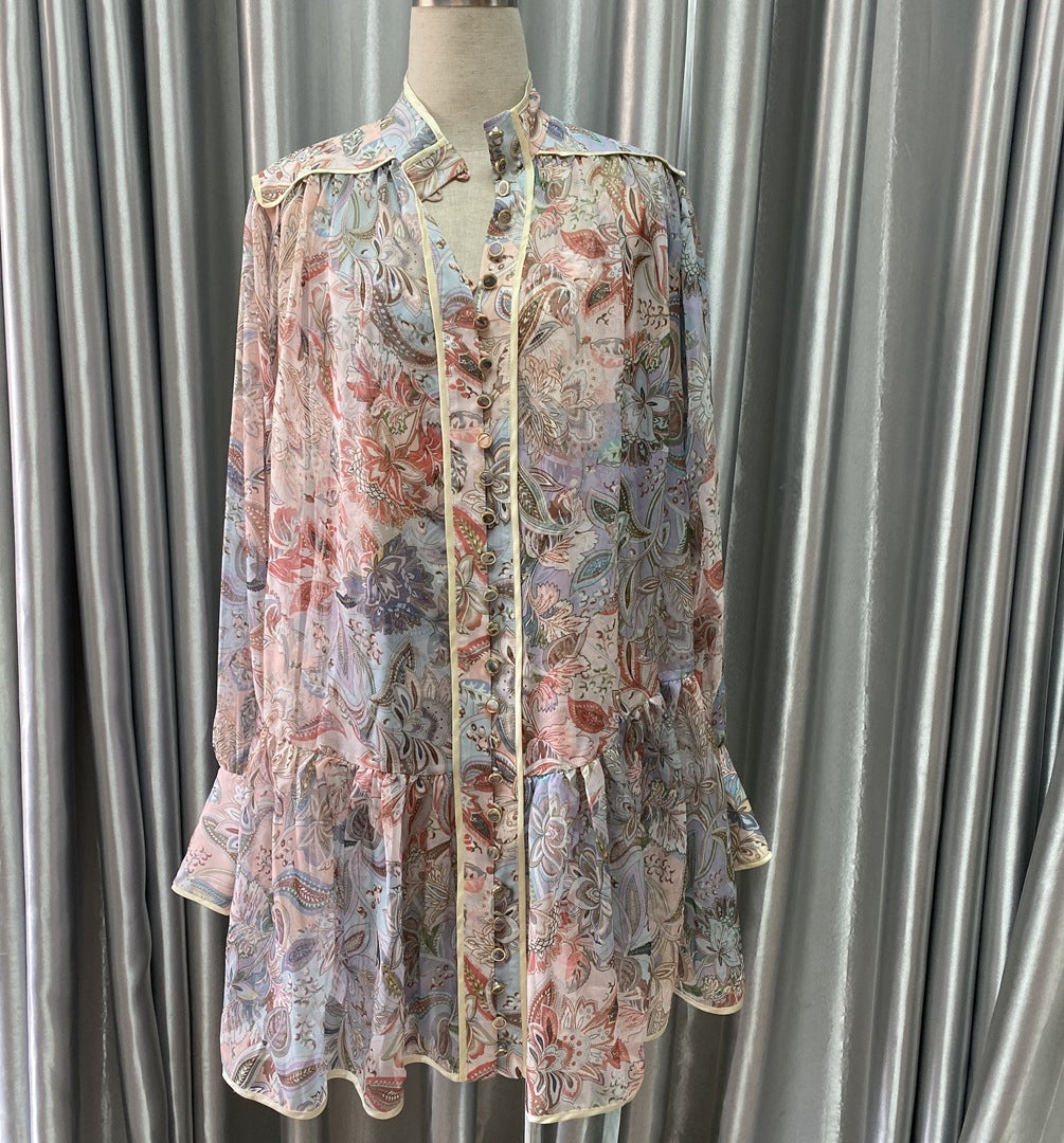 Retro Court Style Printed Temperament Was Thin, Puff Sleeves And Two-piece Dress