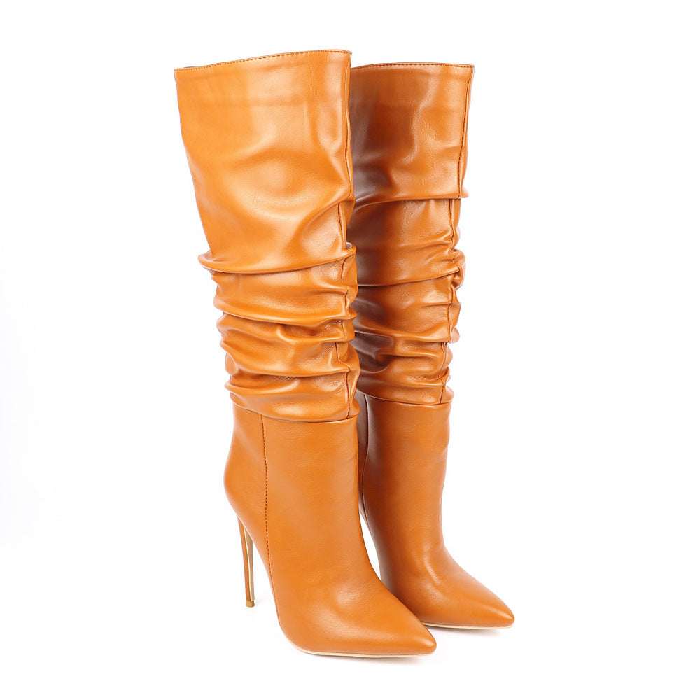 Autumn And Winter Folds Pointed Toe High-Tube Women'S Boots European And American Fashion Sexy Black Women'S Stiletto High Heel