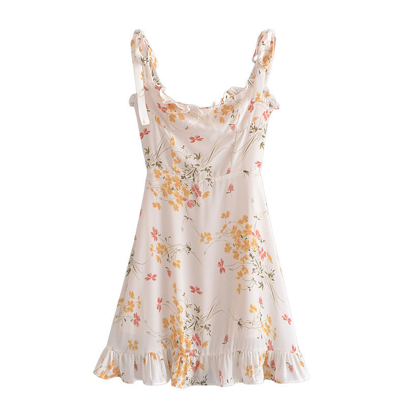 French Pastoral Style Small Fresh Floral Print Slim-Fitting Wooden Ear Lace-Up Dress