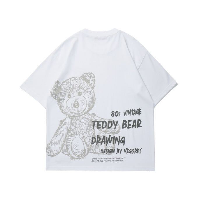 VEGORRS Hand-painted Bear Cartoon Graffiti Printing Short-sleeved Loose Couple T-shirt Men