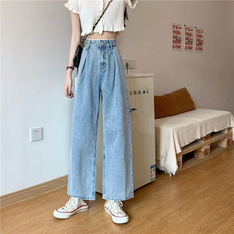 Lace High Waist Jeans Women Loose Straight Wide Leg Pants Trousers