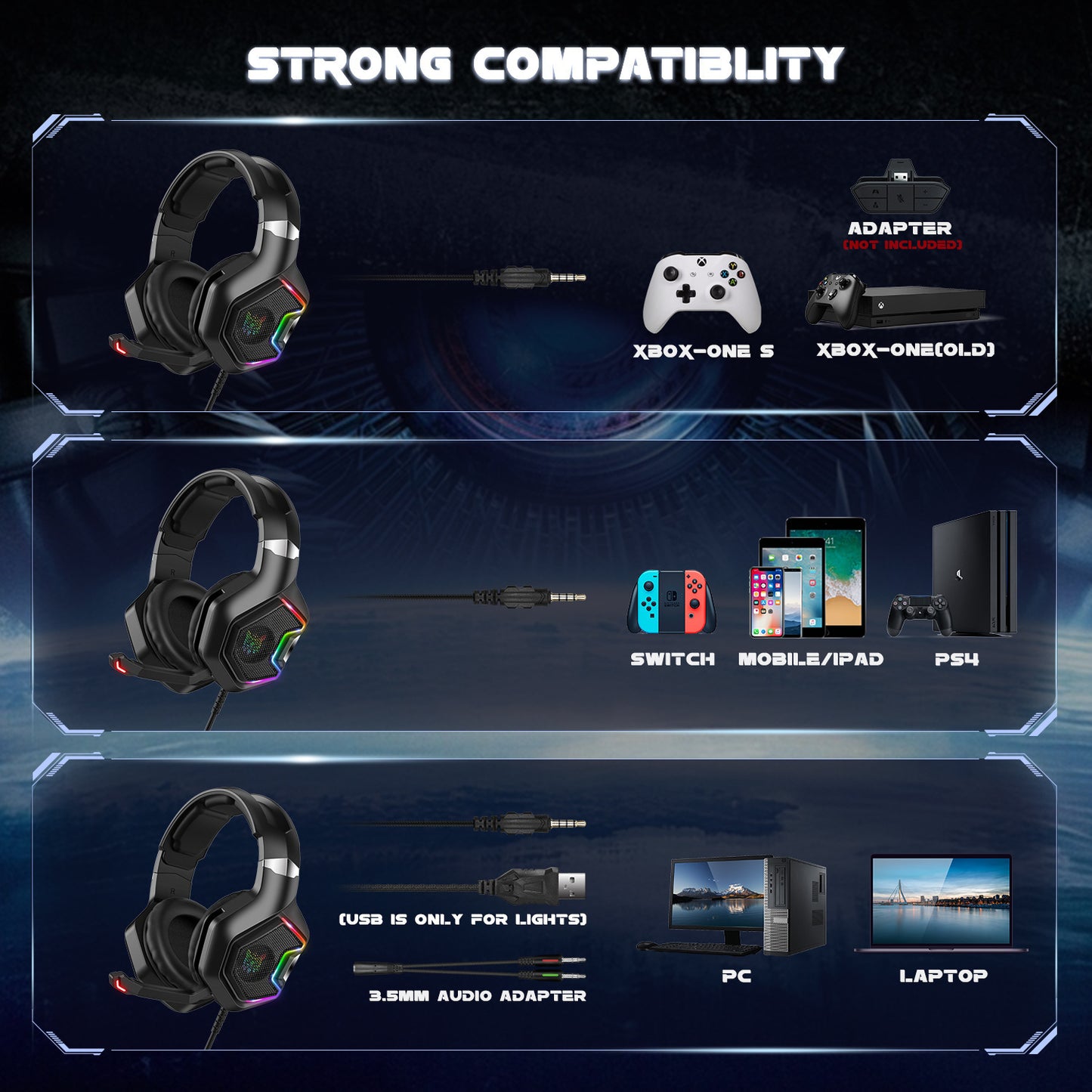 ONIKUMA K10 PRO Gaming Headset Stereo Gaming Headphones For PS4 PS5 One With Mic Led Light