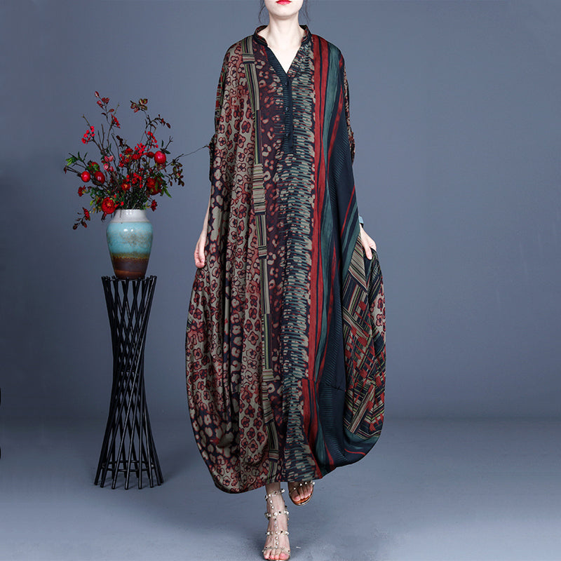 Women's Retro Printing Large Size Loose Long Irregular Dress Silk Large Version Ethnic Stylish colorful Abaya