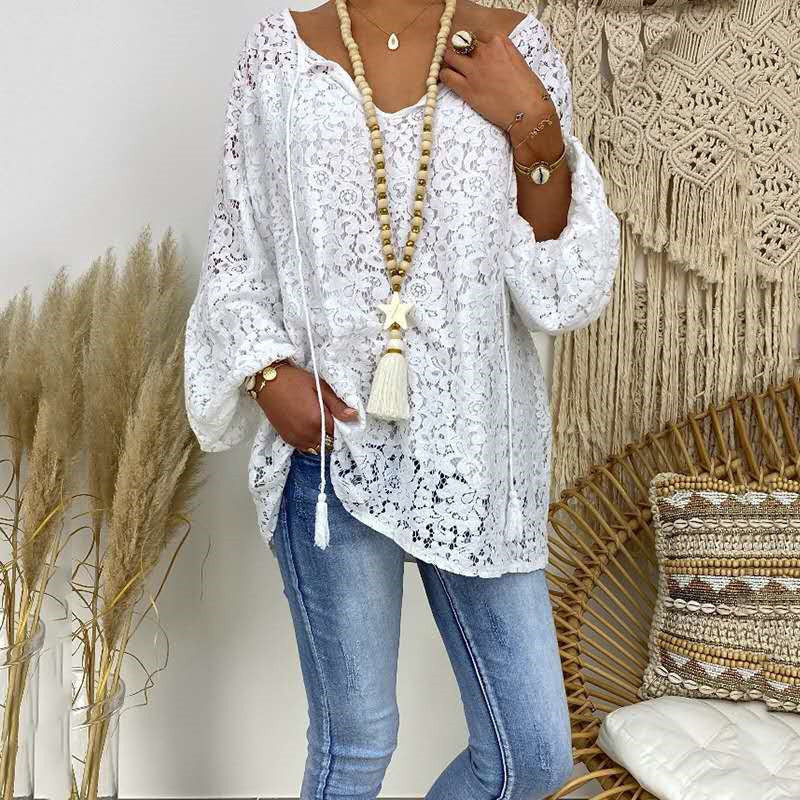 White Blouse Hollow Lace V-Neck Loose Pullover All-Match Long-Sleeved Shirt