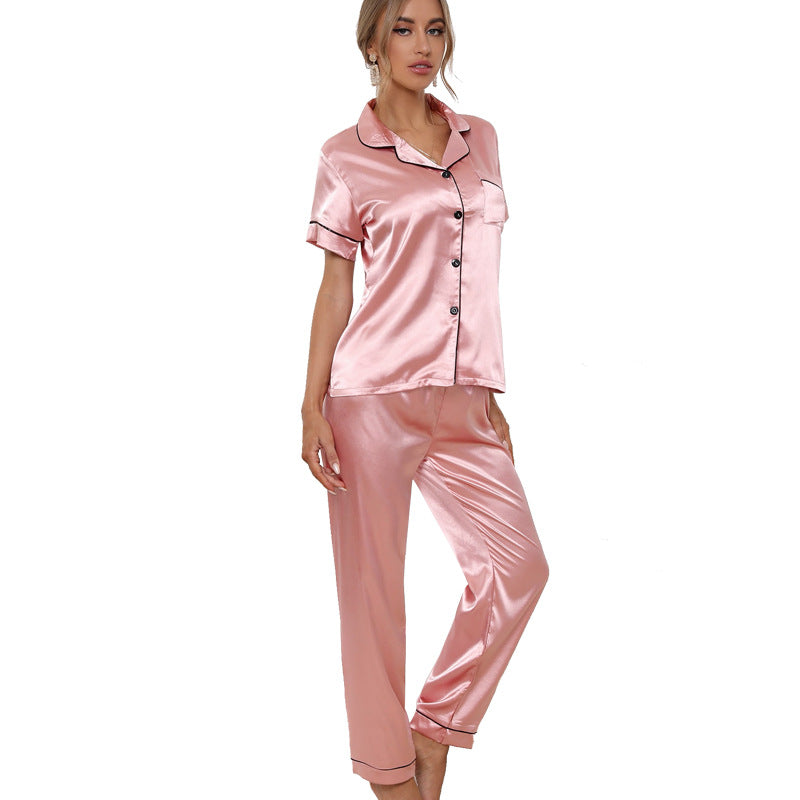 Pyjama rose à manches courtes pour femme, ensemble deux pièces pantalon et boutons, en soie glacée, service à domicile