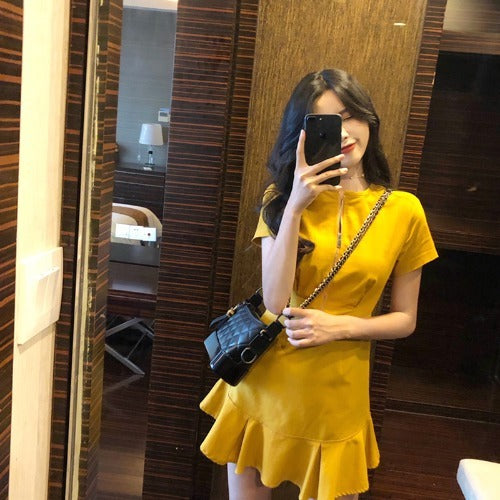 Versatile Waist Fashion Show Thin Solid Color Retro Chic Short Sleeve Ruffle Dress Fashion