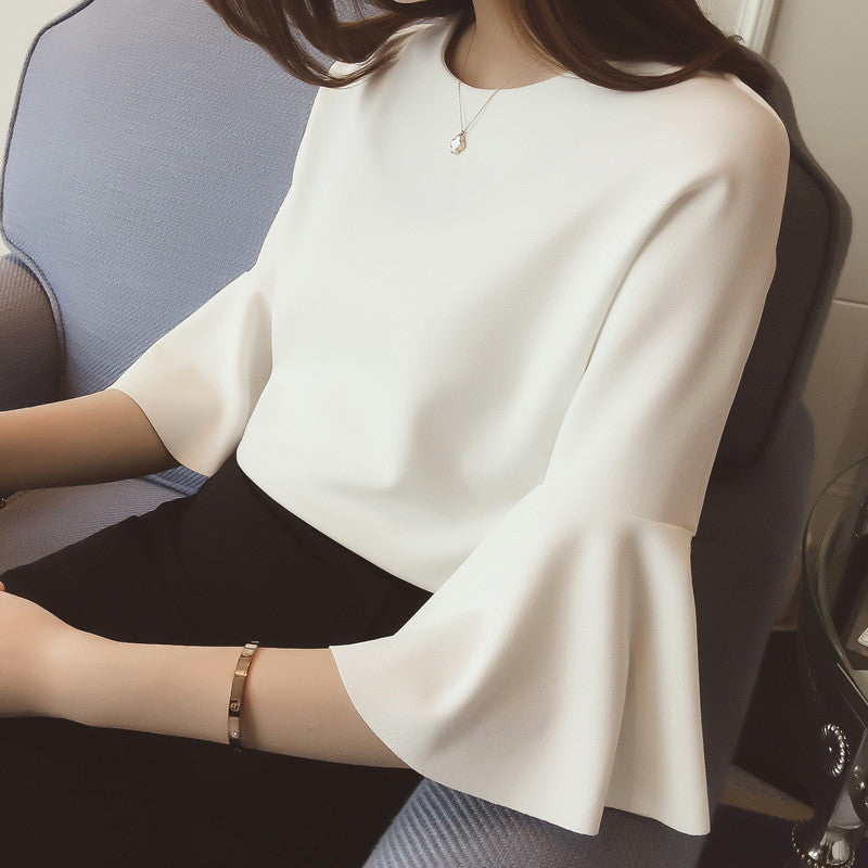 Casual Trumpet Sleeves White Top Elegant Ol Work Plus Size Clothing