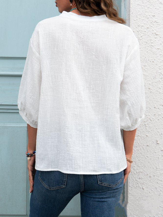 Pure Color Cotton Linen Hedging Lantern Sleeve V-Neck Cotton Temperament Commuter White Shirt