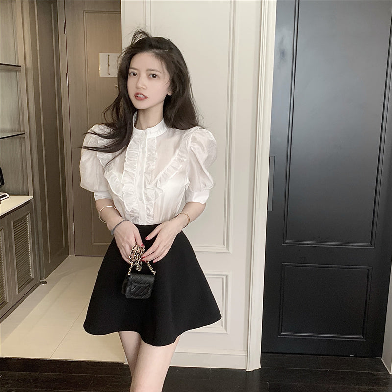 White Short Sleeve Shirt Summer French Thin Bubble Sleeve Top