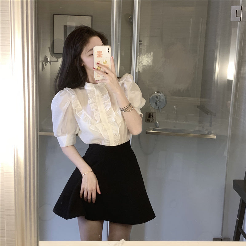 White Short Sleeve Shirt Summer French Thin Bubble Sleeve Top