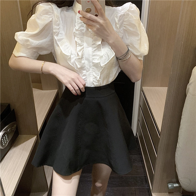 White Short Sleeve Shirt Summer French Thin Bubble Sleeve Top