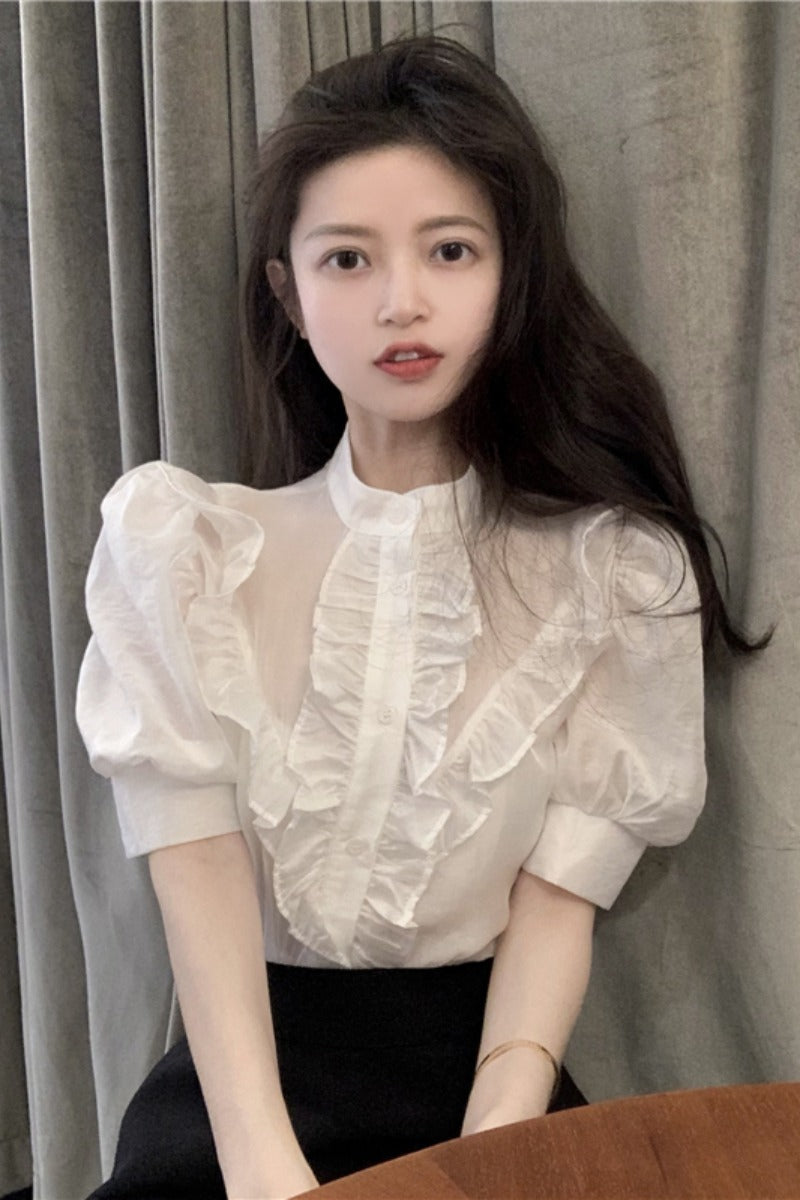 White Short Sleeve Shirt Summer French Thin Bubble Sleeve Top