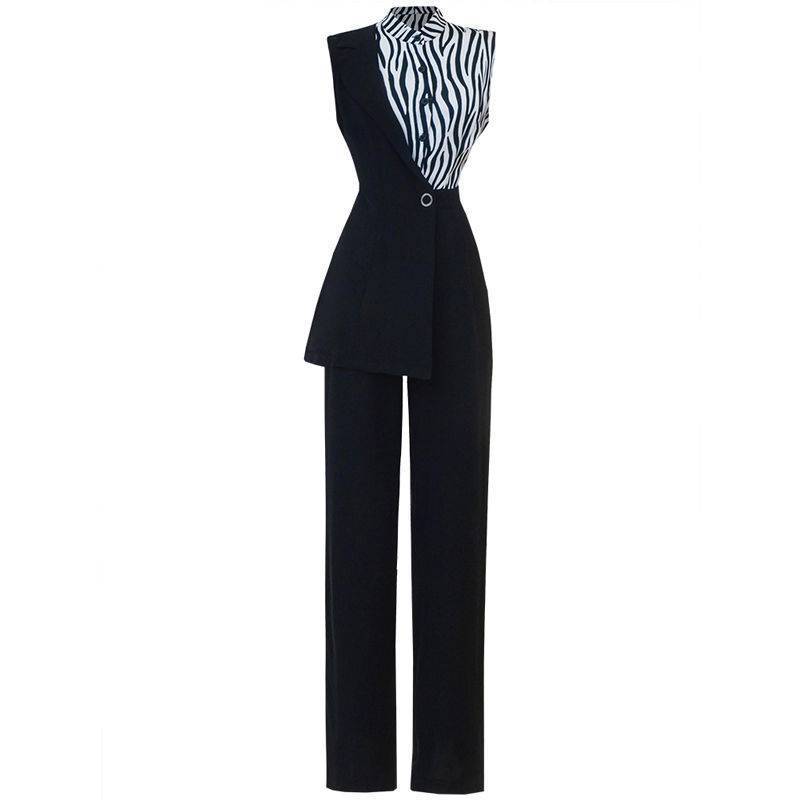 Zebra Pattern Stitching Irregular Suit Jumpsuit Trousers Women