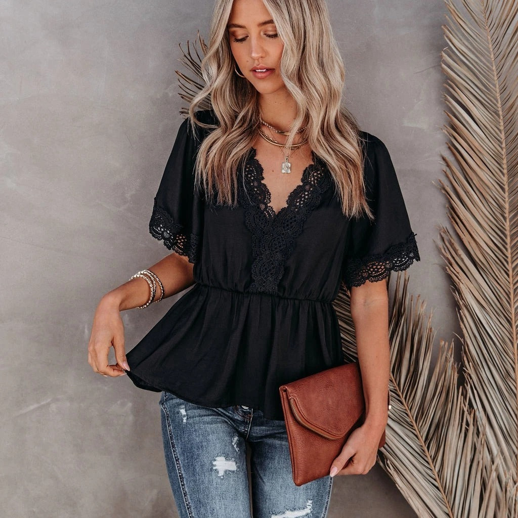 Women's New Lace Stitching Big V Neck Short Sleeved Lace Top
