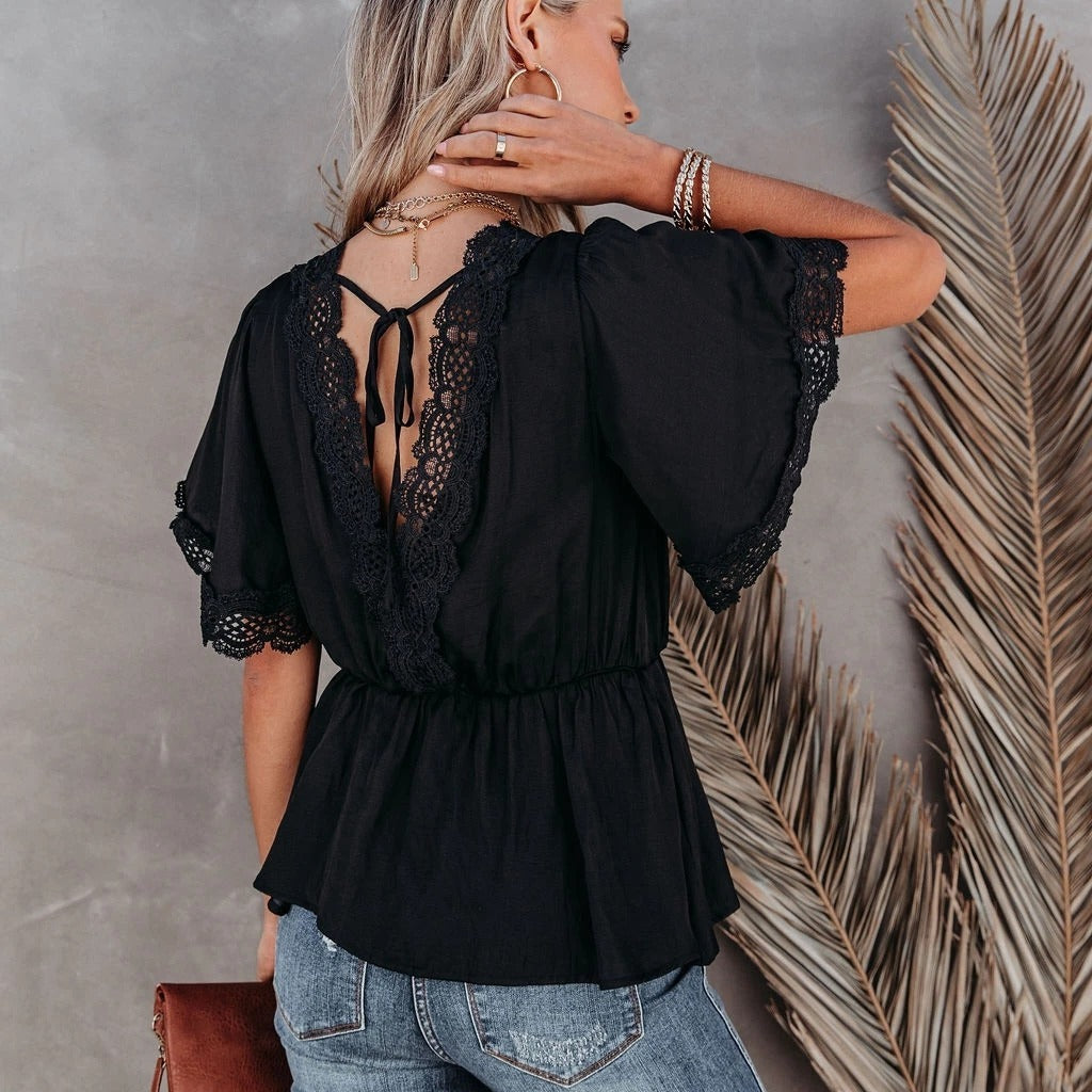Women's New Lace Stitching Big V Neck Short Sleeved Lace Top