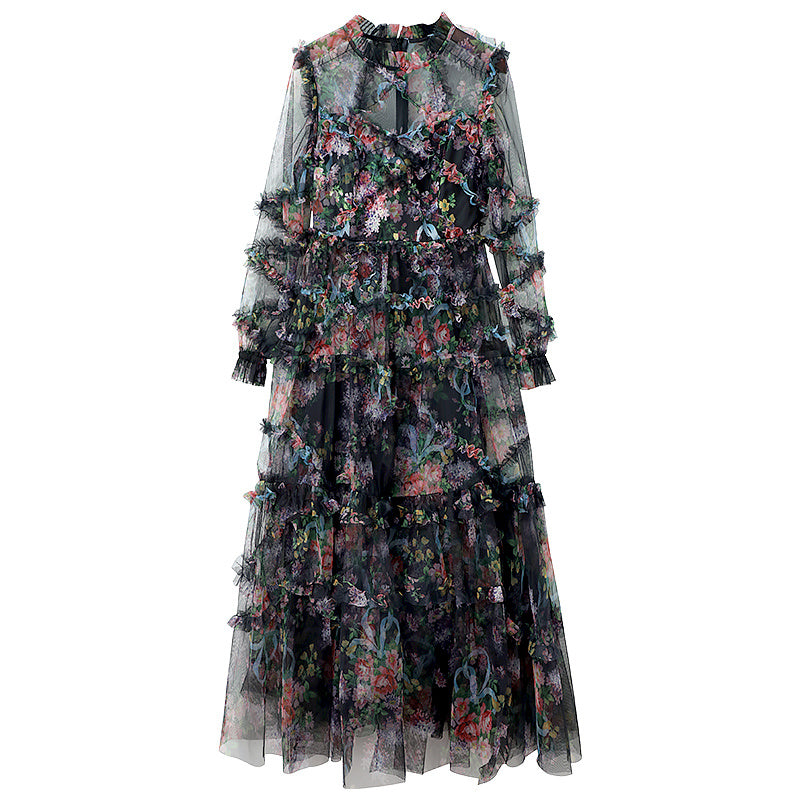 Spring Fairy Dress Sweet First Love Super Fairy French Long Dress Mesh Floral Skirt Summer Princess Dress