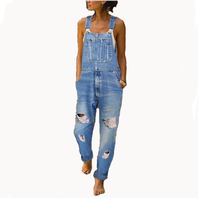 Ladies' Denim Overalls With Holes And Thinner
