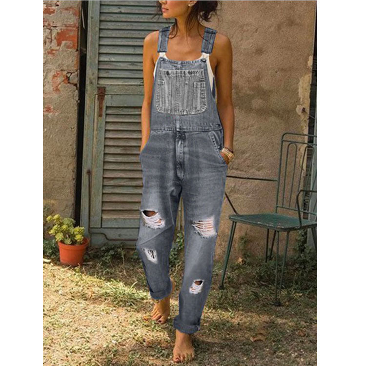 Ladies' Denim Overalls With Holes And Thinner