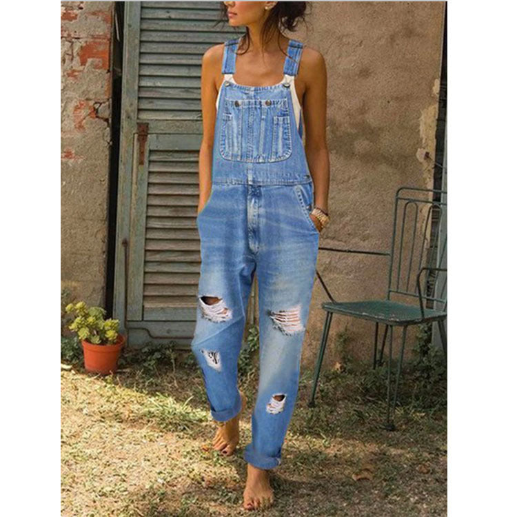 Ladies' Denim Overalls With Holes And Thinner