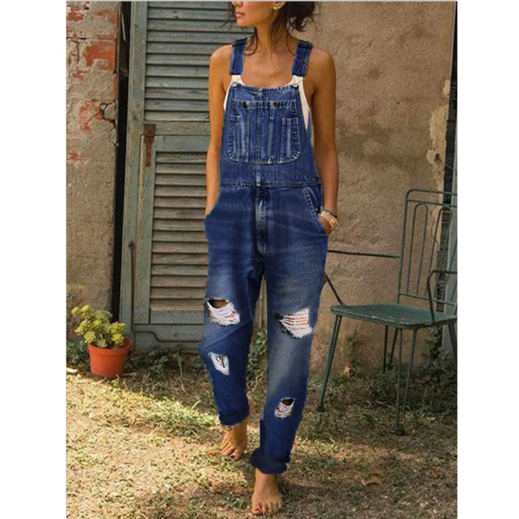 Ladies' Denim Overalls With Holes And Thinner