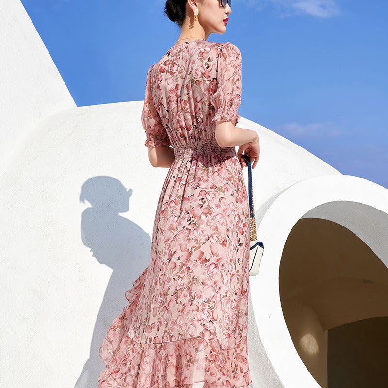 V-neck Knotted Irregular Floral Silk Skirt