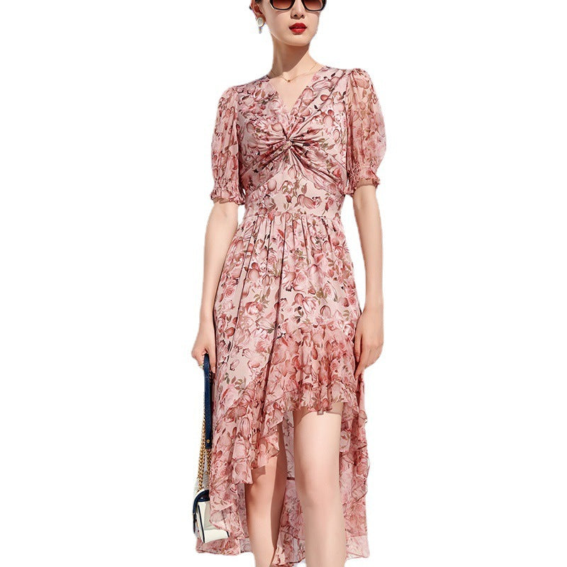 V-neck Knotted Irregular Floral Silk Skirt