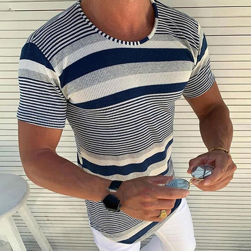 Striped Round Neck Short Sleeve Woolen T-shirt