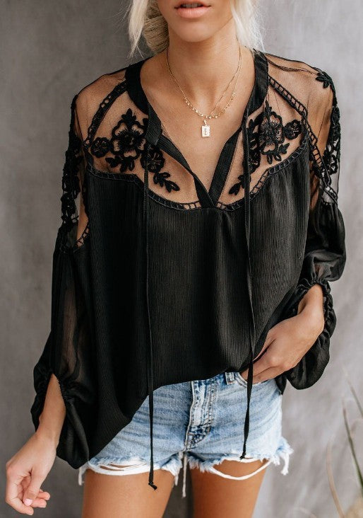 Explosive Sexy See-through V-neck Lace Shirt Shirt