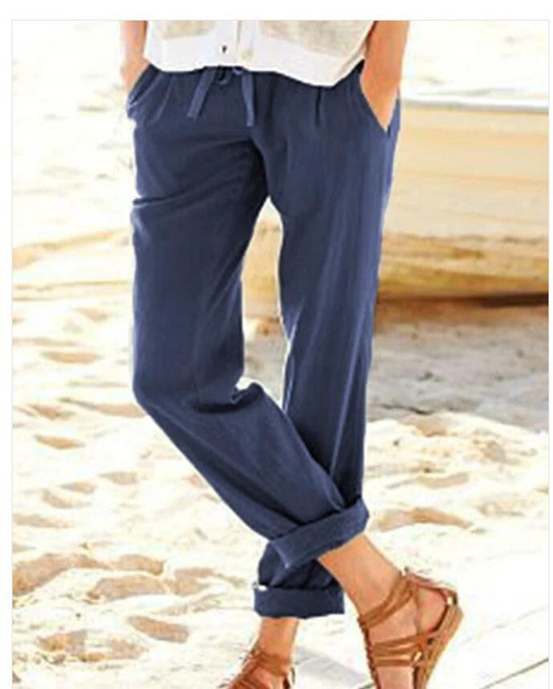 Women's Solid Color Cotton And Linen Drawstring Loose Casual Wide-Leg Pants