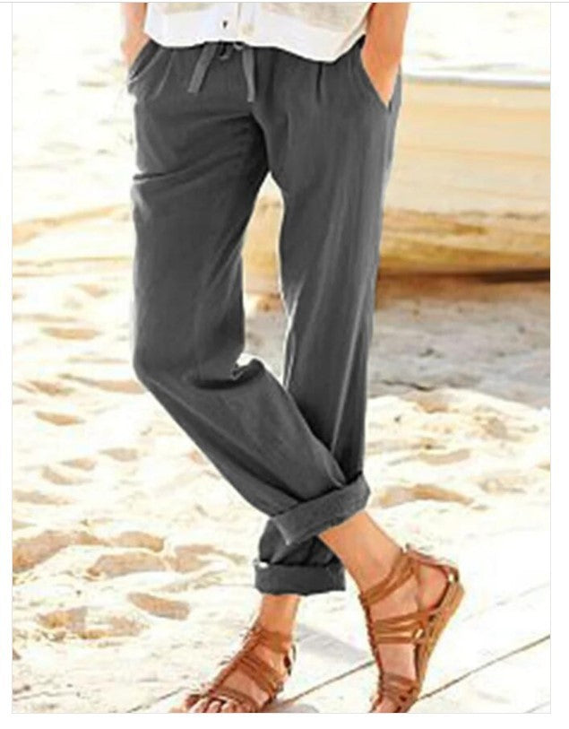 Women's Solid Color Cotton And Linen Drawstring Loose Casual Wide-Leg Pants