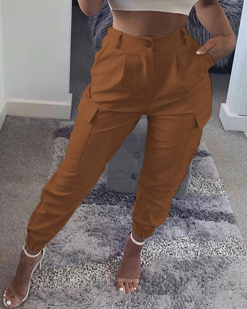 Solid Color Slim-fit Cargo Slacks