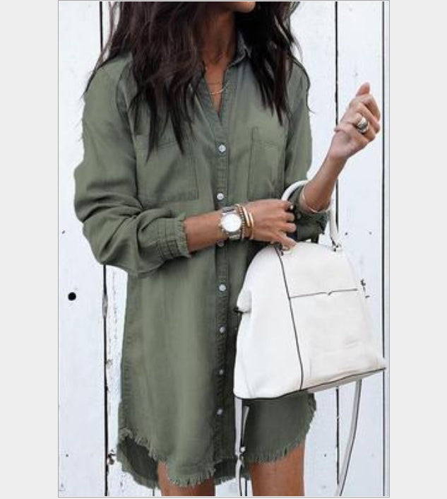 European and American foreign trade women's fashion multi-color hem cuffs tassels denim shirt