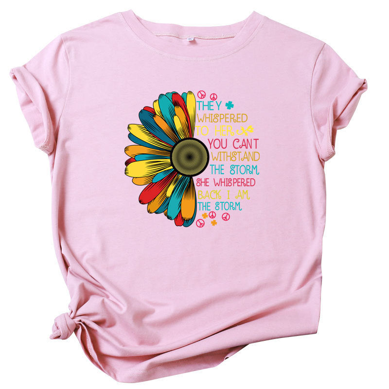 Europe and America Sunflower Print Short Sleeve T-shirt