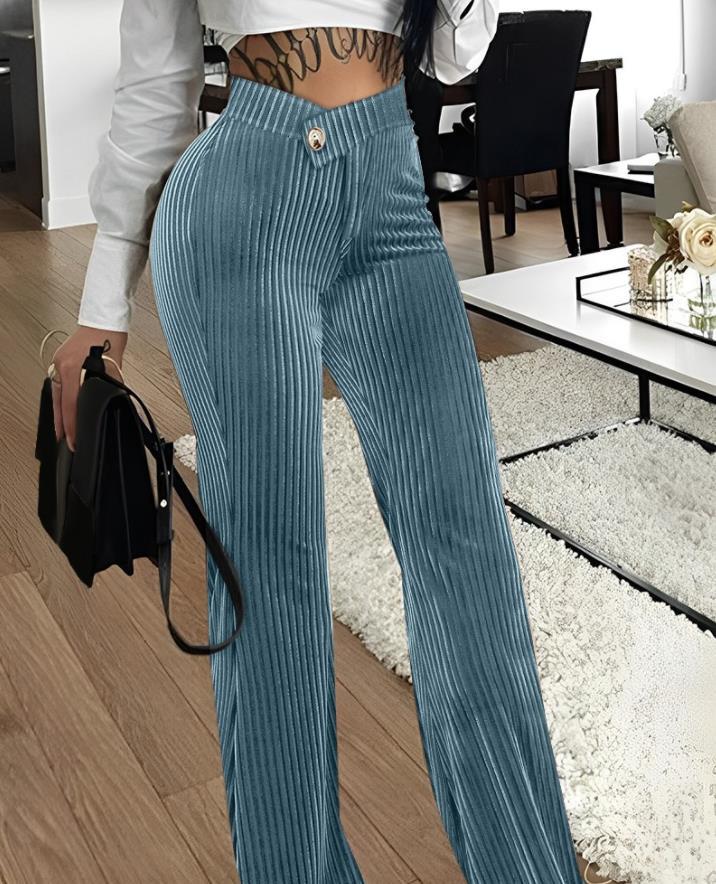 Gold Velvet Striped Casual Women's Pants