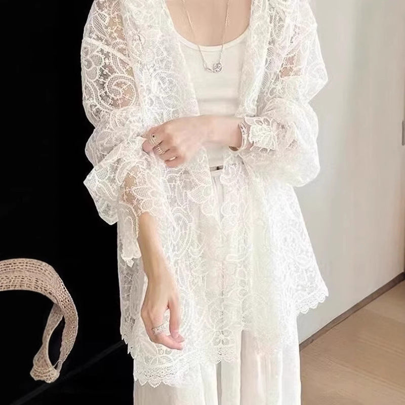 French Romantic White Lace Crocheted Sun Protection Shirt For Women