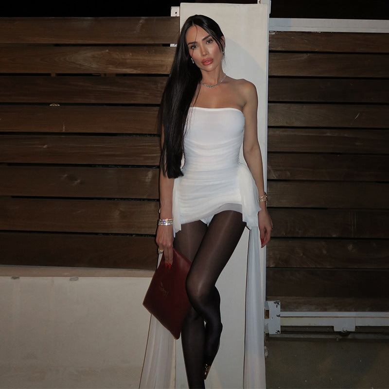 Mesh Ribbon Pleated Short Dress Women