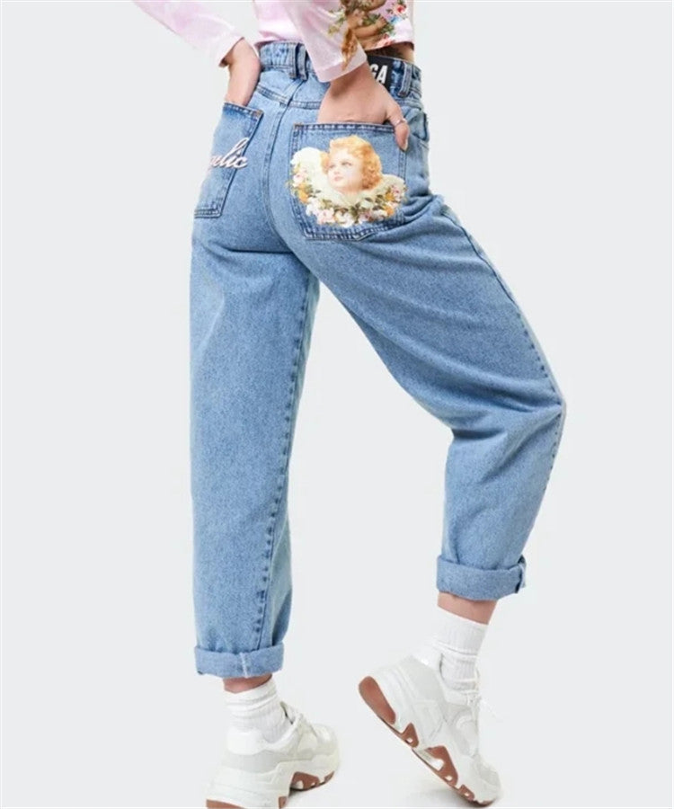 American High Waist Angel Print Jeans Retro Loose