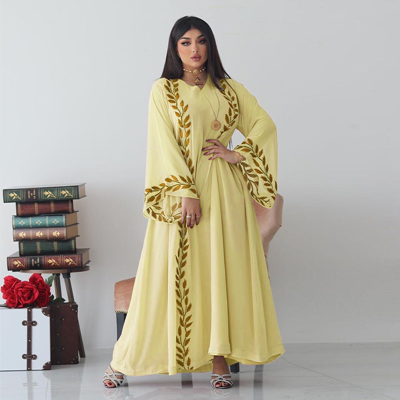 Chiffon Long Islamic Embroidered Crew Neck Dress With Headscarf
