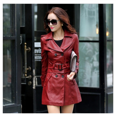 Slim-Fit PU Leather Trench Coat
