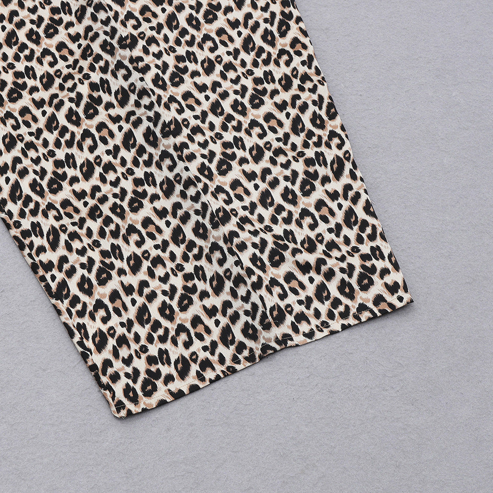 Shoulder Long Sleeve Leopard Print Slim-fit Tight Split Sheath Dress