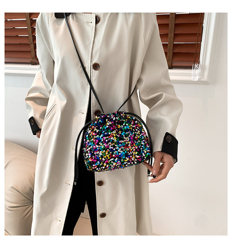 Crossbody Drawstring Pleated Design Soft Color Sequin Bag