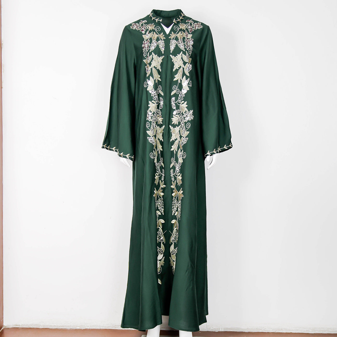Embroidered Long Sleeve Evening Dress for Women in Dark Green & Blue