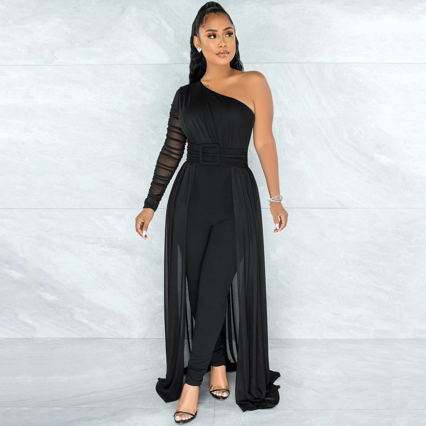 Pure Color Mesh See-through One Shoulder Long Sleeve Jumpsuit