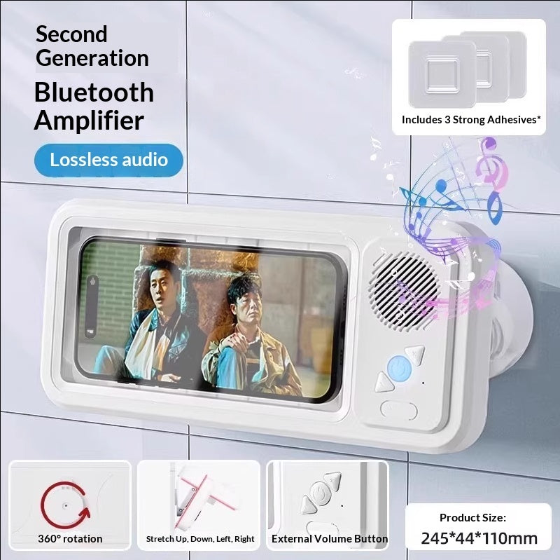 Support de téléphone étanche avec haut-parleur Bluetooth et rotation à 360° pour la salle de bain.
