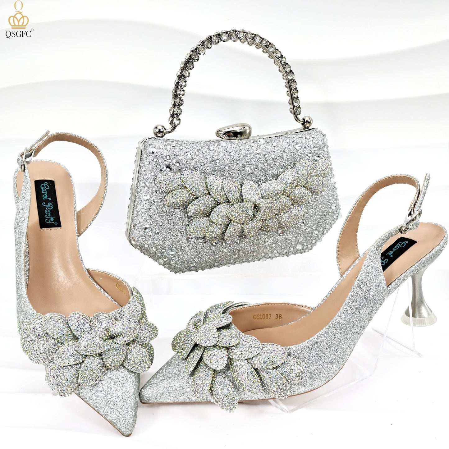 Ladies Party Shoes Bag Set Handmade Leaf Decorative Wine Glass Heel