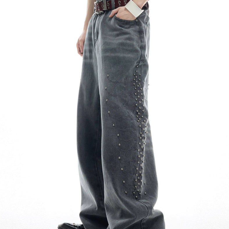 Niche Retro Washed Backbone Metal Rivet Design Jeans