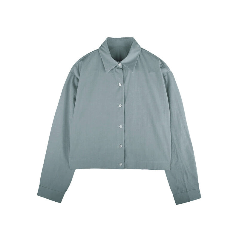 Cotton Hem Elastic Waist Slimming Solid Color Long Sleeve Shirt