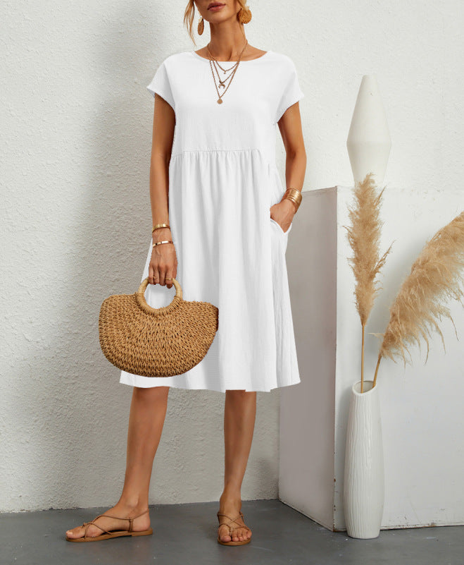 Summer Short-sleeved Dress With Pockets