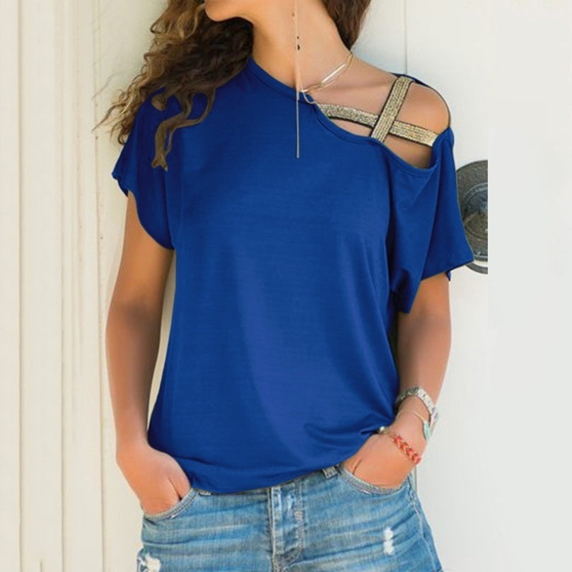 AliExpress Amazon spring and summer explosion models Europe and the United States casual shoulder cross irregular short-sleeved T-shirt women's shirt
